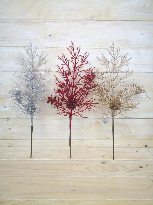 Glittered Cedar Spray w/Poinsettia (Silver)