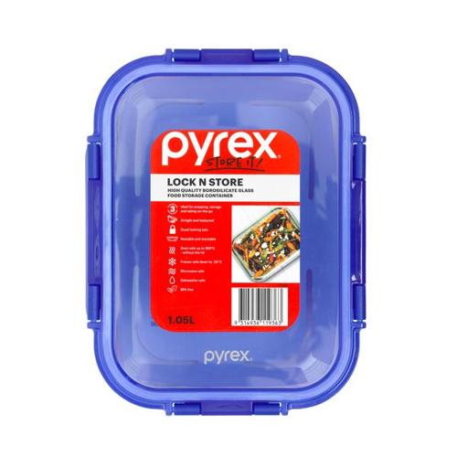Pyrex Lock N Store Rectangle Container with Blue Lid 1.05L
