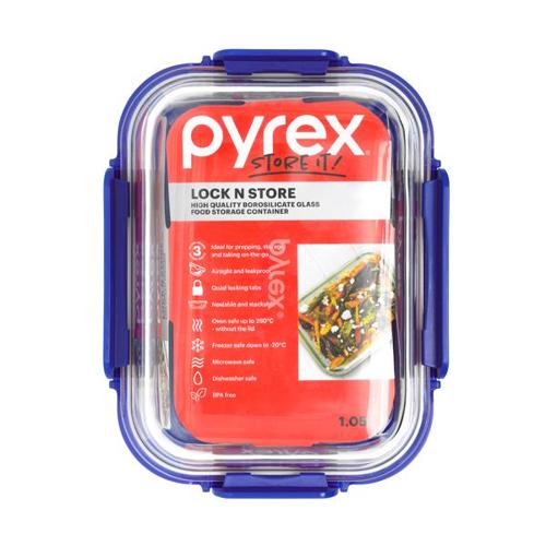Pyrex Lock N Store Rectangle Container with Blue Lid 1.05L