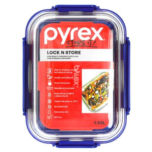 Pyrex Lock N Store Rectangle Container with Blue Lid 1.52L