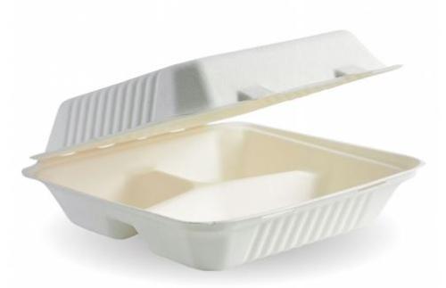 Clamshell Biocane 3Compt 9x9x3" White Pack of 100 - Biopak