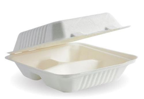 Clamshell Biocane 3Compt 7.8x8x3" White Pack of 100 - Biopak