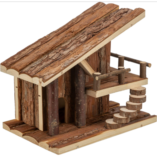Wooden cabin for small pets, measuring 25x21x18cm, ideal for guinea pigs and rabbits to hide and play.