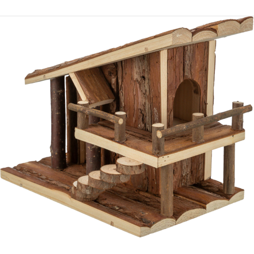 Alt text: "Jule Wooden Cabin for small pets, measuring 25 x 21 x 18cm, offering a cozy retreat."