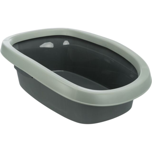 Cat litter tray in anthracite and grey-green, featuring a rim and measuring 31 x 14 x 43 cm.