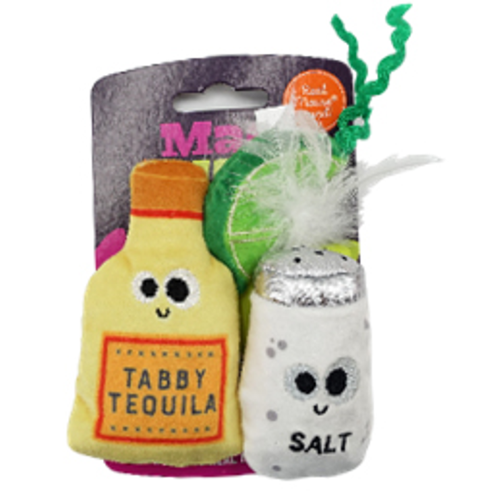 Plush cat toys in a 3-pack, featuring lime-themed "Tabby Tequila" design with Silvernip for playful cats.