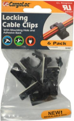 Black locking cable clips in a 6-piece set, featuring adhesive backs and pre-drilled holes for secure cable management.