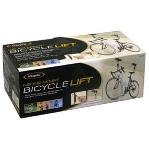 Bicycle lift ceiling mount by Cargoloc, 20kg capacity, solid steel, safe rope locking, ideal for space-saving storage.
