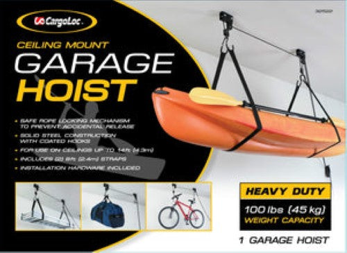 Garage Ceilng Hoist #32522 Cargoloc with 45kg capacity; includes straps, safe locking mechanism, and solid steel construction.