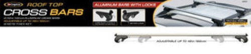 Aluminium rooftop crossbars for vehicles, 1.32m long, 68kg capacity, with keyed locks and secure clamping for stability.