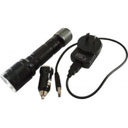 Rechargeable LED torch XR9 with 800 lumens, shockproof, waterproof, USB powerbank, adjustable focus, and long runtime.