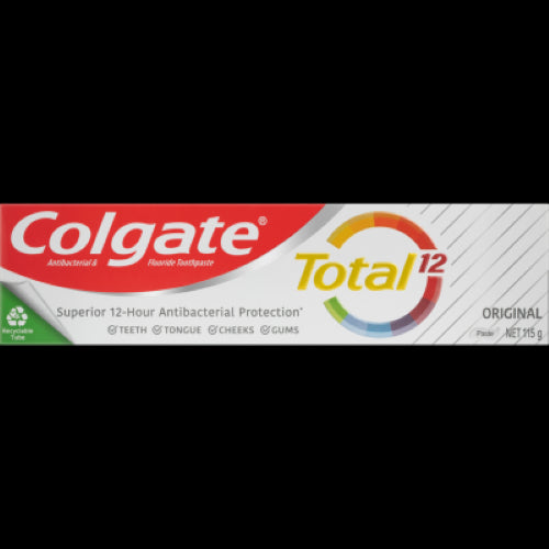Colgate Total Original Antibacterial Fluoride Toothpaste 115g for comprehensive oral care, fighting bacteria for 12 hours.