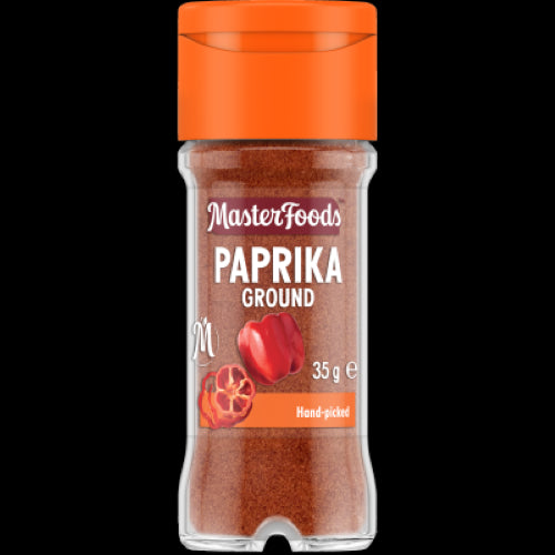 Glass shaker jar of Masterfoods Ground Paprika 35g, a vibrant spice for enhancing dishes with a warm, woody flavor.