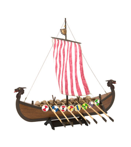 Intricately detailed Artesania Viking ship model, showcasing high-quality wood craftsmanship and historical maritime design.