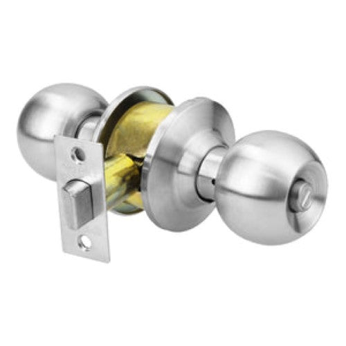 Sleek Matt Chrome Door Knob Set with privacy lock, featuring a solid brass cylinder and emergency access button.