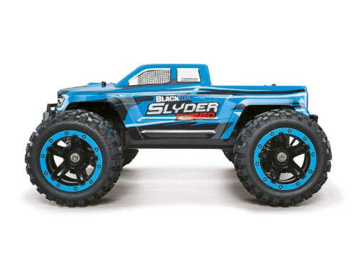 Compact blue radio control truck, 1/16 Slyder MT Turbo, designed for high-speed outdoor adventures and smooth handling.