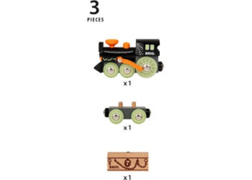 BRIO Ghost Train set featuring a glowing steam engine, wagon, and mysterious wooden casket for imaginative play.