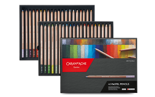 Caran d'Ache Pastel Pencils Set of 40 featuring vibrant colors in a hexagonal design for easy grip and blending.
