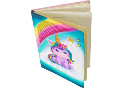 Colorful Unicorn Smile notebook with rhinestone art, 50 lined pages for creativity, and includes tools for sparkling artwork.