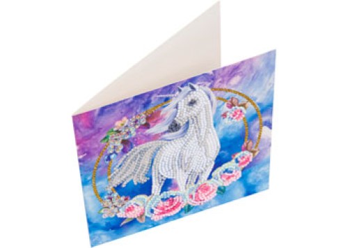 Colorful CrystalArt kit to create a unicorn garland card, designed for all ages with easy painting-by-numbers technique.