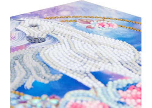 Colorful unicorn garland crystal card kit for DIY rhinestone art, perfect for ages 8 and up, promoting creativity and relaxation.