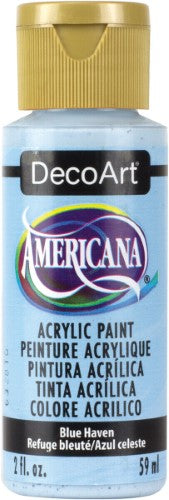 Decoart Americana Acrylic in Blue Haven, a 2oz vibrant blue paint, versatile for various surfaces and techniques.