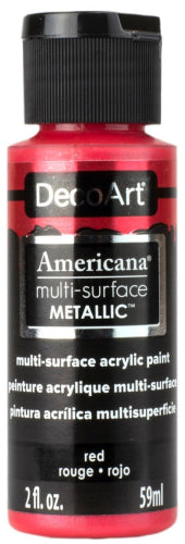 Decoart Americana Multi-Surface Metallic Paint in vibrant RED, perfect for DIY projects on various surfaces.