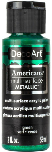 Vibrant green metallic paint in a 59ml bottle, perfect for multiple surfaces and creating stunning, durable finishes.