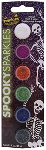 Decoart Spooky Paints Set of 6 Pots, featuring vibrant glitter paints for Halloween crafts, non-toxic and permanent.