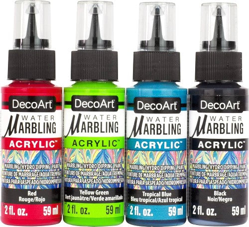 DecoArt Water Marbling Paints set of 4 in Modern Brights, featuring vibrant Red, Yellow, Green, Tropical Blue, and Black colors.