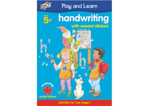 Colorful handwriting reward sticker book with magical characters, engaging activities, and gold stickers for motivation.