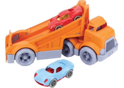Bright orange Racing Truck with two Stack & Link Racers, made from recycled plastic for safe, imaginative play.