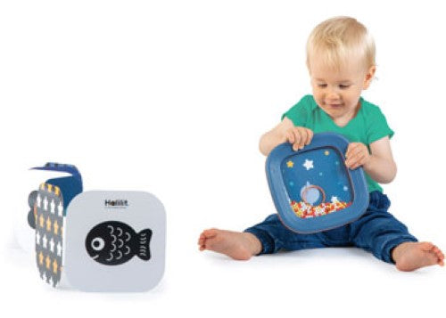 Colorful Halilit Tummy Time Shaking Drum with vibrant beads, producing gentle sounds for sensory exploration and motor skill development.