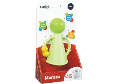 Colorful Halilit maraca for toddlers, easy to hold with a smooth texture, producing delightful jingling sounds for music play.