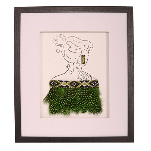 Framed Korowai on Modern Lady. Forest colours