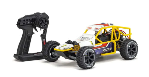 Kyosho EP RS SandMaster 2.0 in white, a high-performance RC car for off-road adventures with brushless technology and durable design.