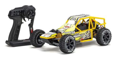 Vibrant yellow Kyosho EP RS SandMaster 2.0 electric RC buggy designed for high-speed off-road adventures.