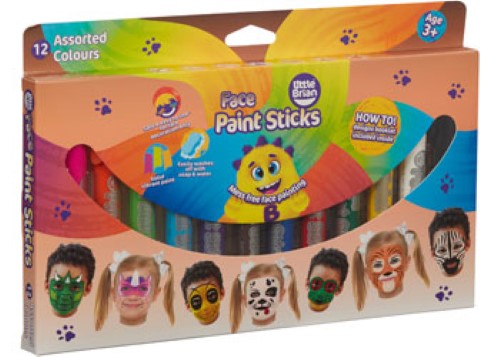 Colorful Little Brian Face Paint Sticks in 12 classic shades, twist-up design for mess-free, easy application for kids.