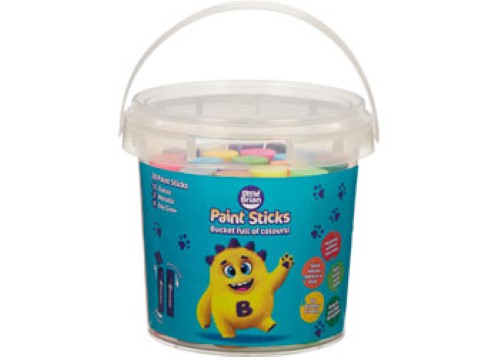 Assorted 20-pack of Little Brian Paint Sticks in a portable bucket for mess-free, vibrant painting fun for kids.