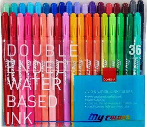 Vibrant Dong A My Twin Colour Pen Sets featuring dual-coloured felt tips, 0.4mm precision, and smear-resistant ink.