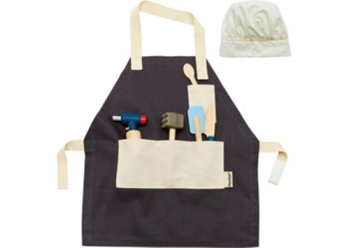 Wooden Chef Set with utensils, pots, and ingredients for imaginative cooking play, promoting creativity and eco-friendly values.