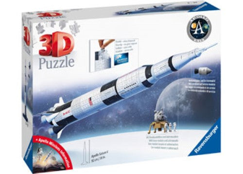Detailed 3D puzzle of the Apollo Saturn V rocket, measuring 36 inches tall, with three stages and astronaut figures for immersive play.