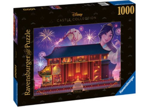 Colorful 1000-piece Ravensburger puzzle featuring Mulan's majestic castle, ideal for Disney fans and family bonding.