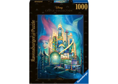 Colorful 1000-piece puzzle featuring Ariel's underwater kingdom and castle, perfect for Disney fans and family fun.