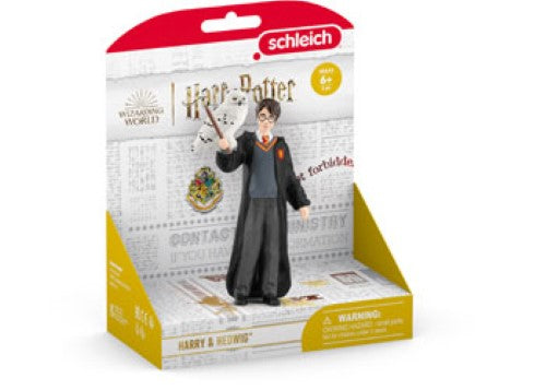 Harry Potter in Gryffindor uniform with wand and glasses alongside his loyal snowy owl, Hedwig, from the magical world.
