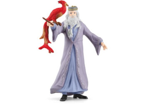 Dumbledore with wand and Fawkes the phoenix in a detailed collectible set from the Wizarding World.