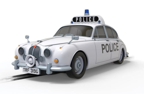 Scalextric Jaguar Mk1 Police Edition slot car, featuring detailed police livery for nostalgic racing fun and high-speed action.
