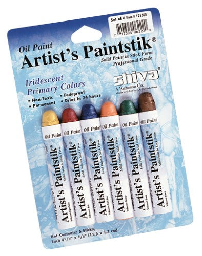 Shiva Oilstiks Iridescent Set of 6 featuring vibrant colors for oil painting, blending, and sketching; ideal for artists.
