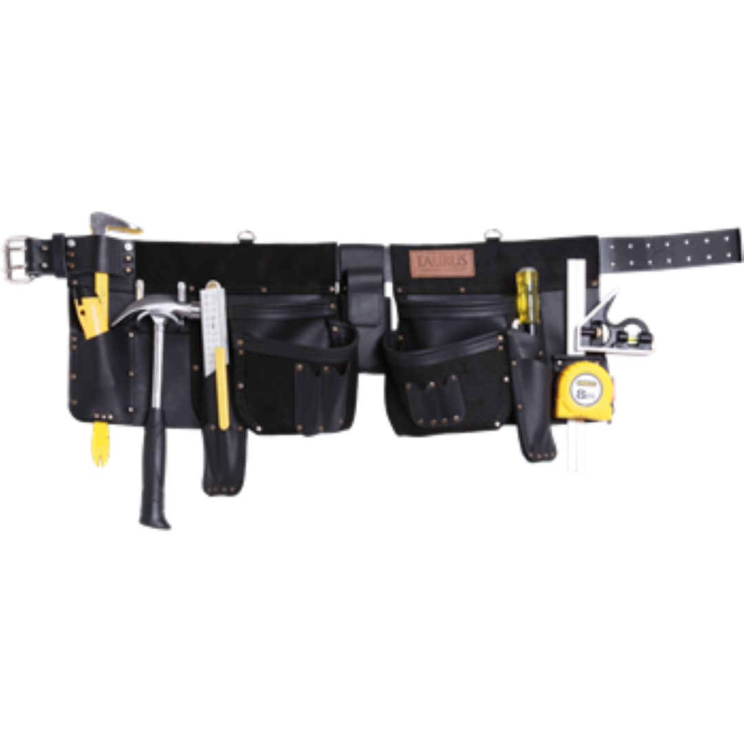 Taurus Heavy Duty Super Yankee Apron in black, made from full grain leather with multiple pockets for tools and smartphone.
