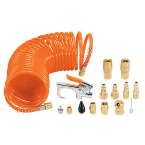 Truper Air Compressor accessory set with hose, blow gun, valves, and brass connectors in a portable storage box.